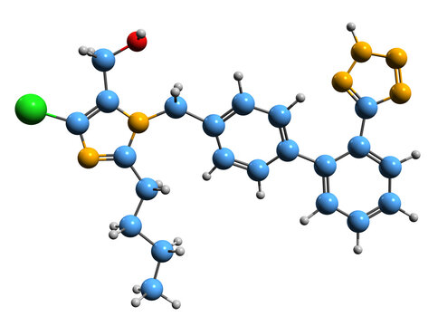 3D image of Losartan skeletal formula - molecular chemical structure of hypertension medication isolated on white background