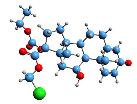  3D image of Loteprednol etabonate skeletal formula - molecular chemical structure of corticosteroid isolated on white background