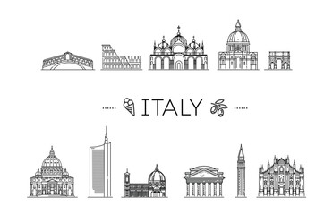 Tourist attractions of Italy. Historic buildings from the streets of Italy, outline.