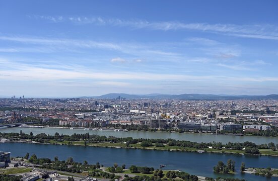 Danube river and Vienna cityscape