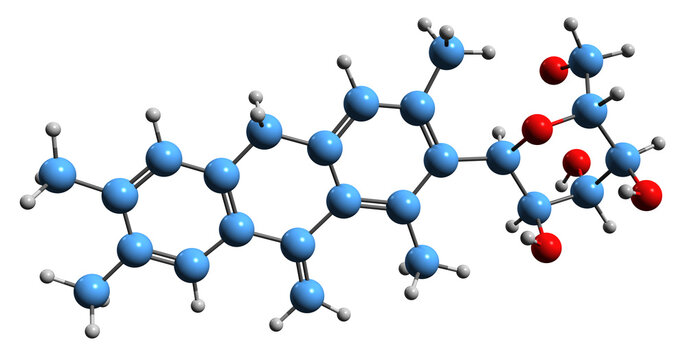 3D image of Mangiferin skeletal formula - molecular chemical structure of glucosylxanthone isolated on white background