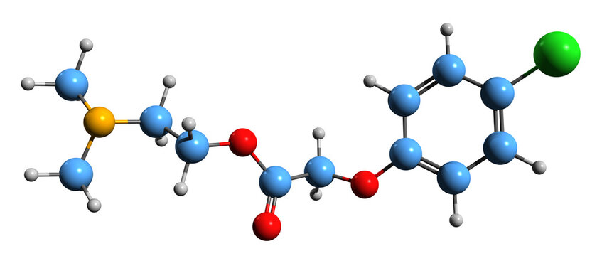 3D image of Meclofenoxate skeletal formula - molecular chemical structure of  cholinergic nootropic isolated on white background