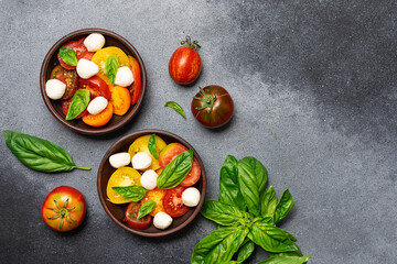 Fresh juicy caprese salad in the clay bowls on dark rustic background top view. Healthy tasty food on the table.