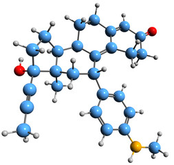  3D image of Metapristone skeletal formula - molecular chemical structure of  metabolite of mifepristone Desmethylmifepristone isolated on white background
