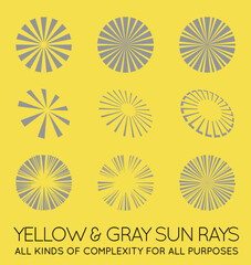 Set of Sunburst Vector Rays of Sun in Trendy Yellow and Gray Color Swatch.