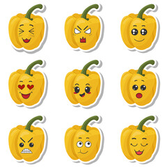 Set of stickers yellow pepper with kawaii emotions. Flat vector illustration of a pepper with emotions On a white background.