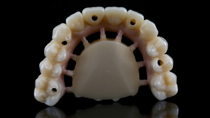 Morphology of prosthesis made of milled zircon with a painted gum on a black background