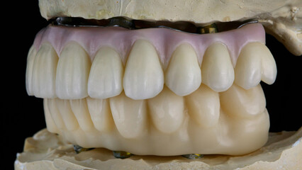 Dental model with dentures from zircon of the upper jaw and temporary prosthesis of the lower jaw,...