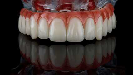 excellent temporary dental prosthesis of the upper jaw with gums on a model with a bar on black glass with reflection © Dental Pro Content