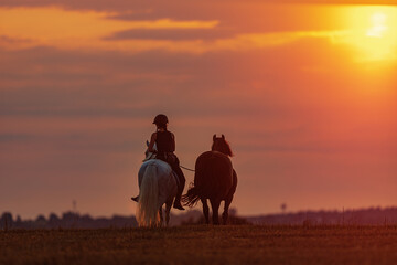 Fototapeta na wymiar Young woman with two black and white horses leaving at sunset
