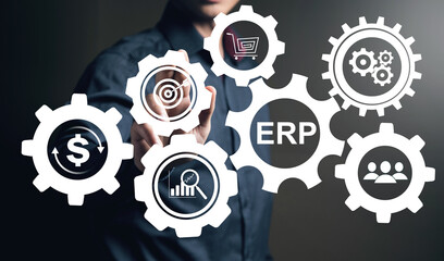 ERP and gear icons. Enterprise resource planning concept. Man tapping on the screen