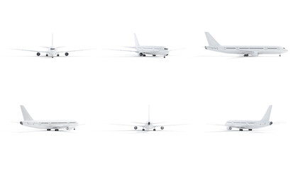 Blank white airplane mockup, rotation angles of all sides