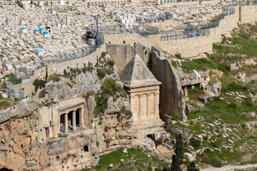 Tomb of of the priest Zechariah in the ancient jewish cemetery on Mount of Olives in Jerusalem,...