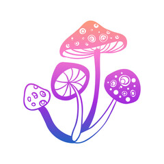 Magic mushrooms. Psychedelic hallucination. Gradient colorful vector illustration isolated on white. 60s trippy hippie art.