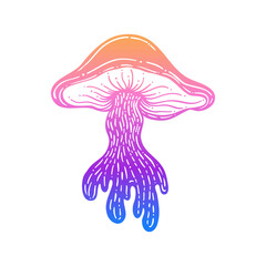 Magic mushrooms. Psychedelic hallucination. Gradient colorful vector illustration isolated on white. 60s trippy hippie art.