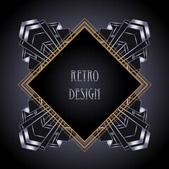 Art Deco vintage gold and silver design element over black. Retro party geometric background set (1920's style). Vector illustration for glamour party, thematic wedding or textile prints.