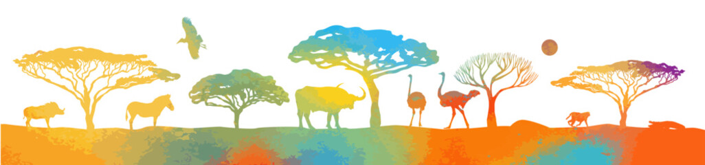 African colorful animals. African landscape. Vector illustration