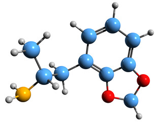 Obraz premium 3D image of Methylenedioxyamphetamine skeletal formula - molecular chemical structure of amphetamine derivative empathogen-entactogen isolated on white background 