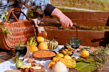 Autumn picnic. Table prepared for lunch in autumn nature, picnic . Harvest, autumn lunch, Wine and glasses. Outdoor meeting