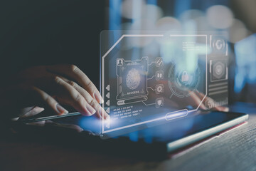 cybersecurity concept Global network security technology, business protect personal information. Encryption with a padlock icon on the virtual interface.Fingerprint Biometric Digital Scan Technology.