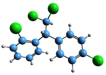 3D image of Mitotane skeletal formula - molecular chemical structure of steroidogenesis inhibitor isolated on white background - obrazy, fototapety, plakaty