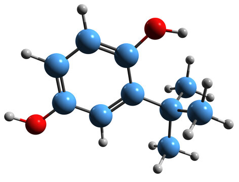  3D image of tert-Butylhydroquinone skeletal formula - molecular chemical structure of synthetic aromatic organic compound isolated on white background
