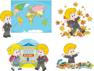 Little schoolchildren with autumn leaves, by a world map, going to school and completing a schoolbag