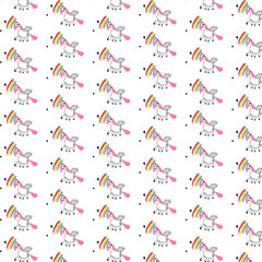 Fototapeta na wymiar Hand drawn seamless vector pattern with cute unicorns, rainbows and two hearts. Repetitive wallpaper on dark white background. Perfect for fabric, wallpaper or wrapping paper