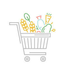 Grocery shopping cart with different products. Vector illustration