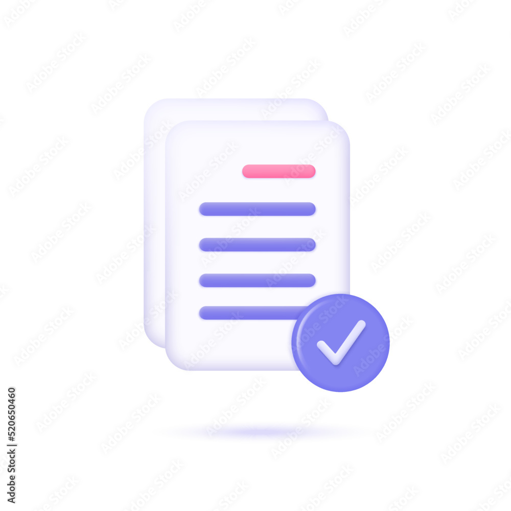 Poster 3d document icon and a check mark in the corner. concept of approval, execution or signature. vector