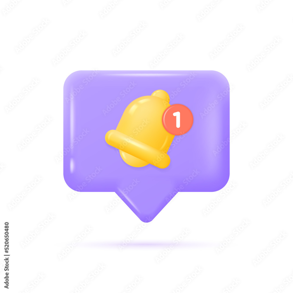 Poster 3d notification bell icon. rendering of yellow bell with new notification on speech bubble. vector i