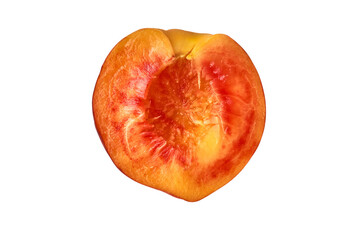 Half of yellow juicy peach on white background