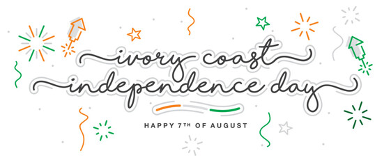 Ivory Coast independence day handwritten lettering typography calligraphy with stars, firework, confetti, and abstract Ivory Coast flag ribbon isolated on white background