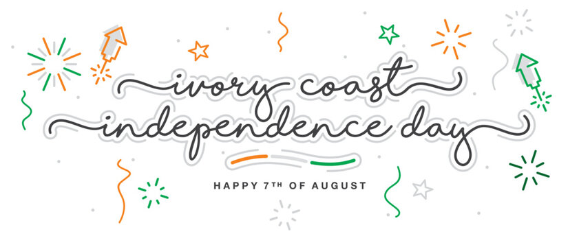 Ivory Coast independence day handwritten lettering typography calligraphy with stars, firework, confetti, and abstract Ivory Coast flag ribbon isolated on white background
