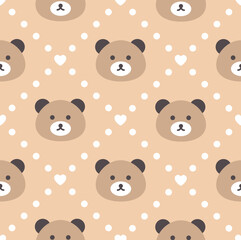 Classic teddy bear face on a pastel orange background with polka dot texture, cute woodland animals kids seamless pattern background for wrapping paper, fabric and textile print