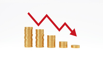 Coin stack step down graph with red arrow on white background. management business financial and investment concept.