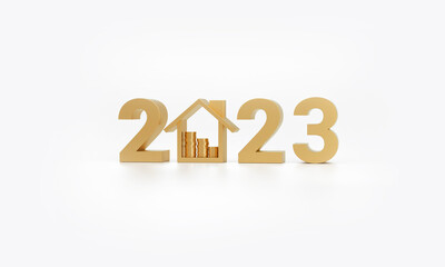 Golden number 2023 and house icon with Stack of Coins isolated on white background.