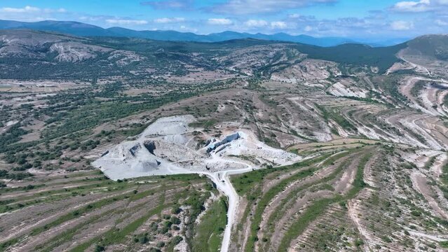 Aerial view from a drone of a quarry in the surroundings of the town of Castrobarto, in the Junta de Traslaloma. Losa Valley. Region of Las Merindades. Burgos. Castile and Leon. Spain. Europe