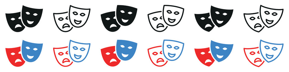 Set of theatrical masks icons. Comedy and tragedy masks, happy and unhappy masks. Masquerade vector icons.