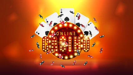 Online casino, red retro signboard with poker chips and playing cards
