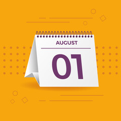 White calendar on yellow background. August 1th. Vector. 3D illustration.