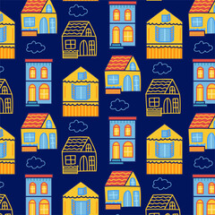 Hand drawn seamless pattern of a city with cute little houses