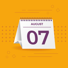 White calendar on yellow background. August 7th. Vector. 3D illustration.