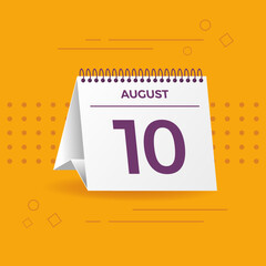 White calendar on yellow background. August 10th. Vector. 3D illustration.