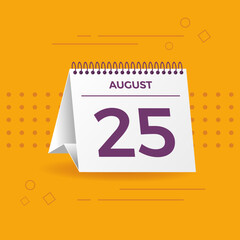 White calendar on yellow background. August 25th. Vector. 3D illustration.