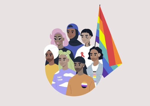 A diverse group of modern millennials with a rainbow flag drawn in a circle, people wearing LGBTQ community signs and symbols