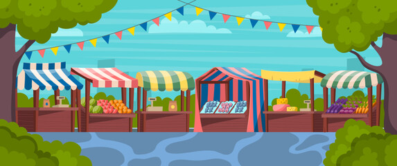 Cartoon Color Food Market Landscape Scene Concept Flat Design Style. Vector illustration of Wooden Market Stand Stall