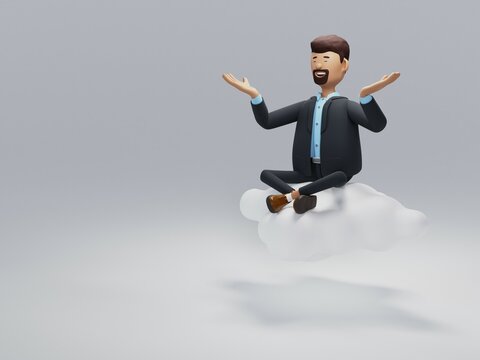 Keep calm business concept. Cartoon character businessman meditating in yoga lotus position sitting on a cloud. Isolated on white background. 3D illustration