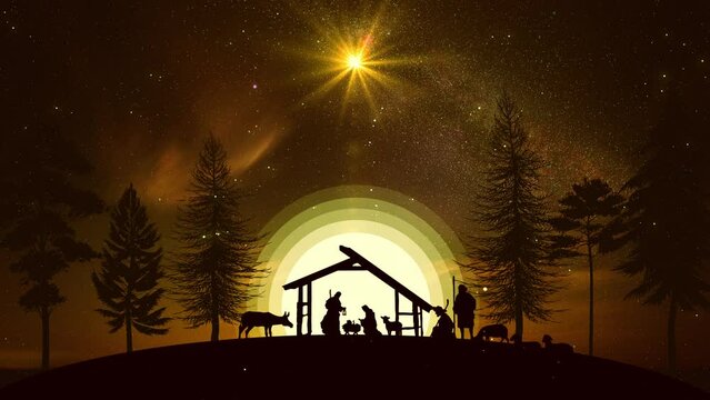 Christmas Scene animation with twinkling stars and nativity characters animated animals and trees. Seamless Loop of Nativity Christmas story under starry sky and moving wispy clouds. 4k