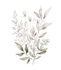 Watercolor bouquet with winter wild plants. Eucalyptus leaves, branches. Elegant ethereal nature, floral arrangements